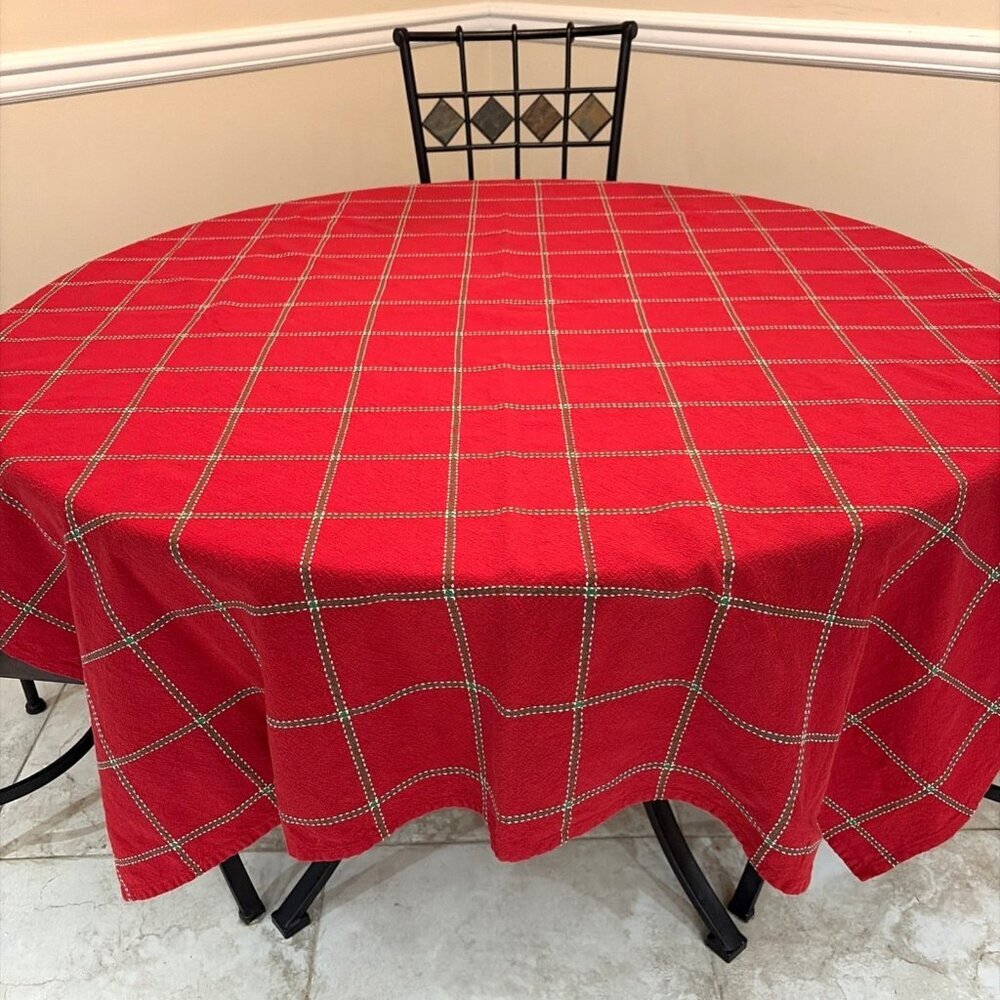 Vintage Red Tartan Plaid Tablecloth Cotton Colorful Holiday Cottagecore 48X60"